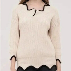 J.O.A. Scallop Knit Sweater Cream Black Trim Coquette Balletcore Small